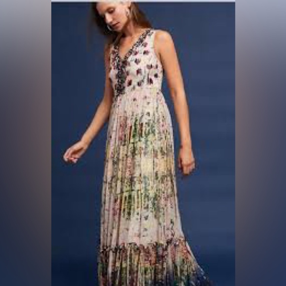 Bhanuni / Anthropologie Watercolor Print Sleeveless Gown W/ Beaded Bust Sz 4